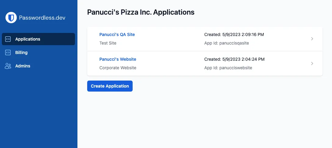 Passwordless Admin Console Organization Overview